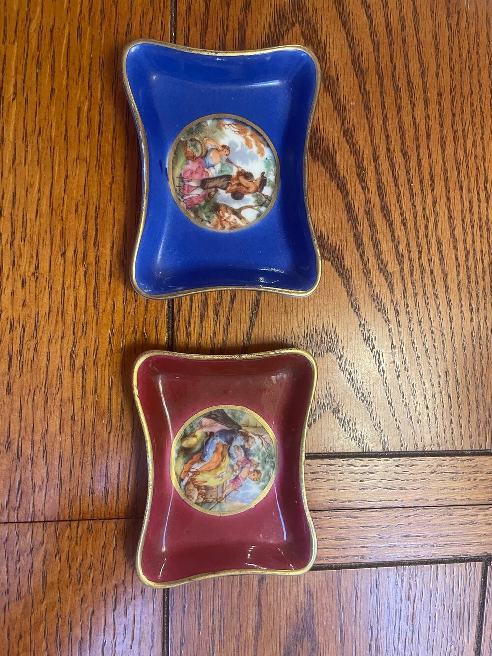 Vintage Hand Painted France Porcelain Pin Dishes Pair Cobalt Burgundy Gold